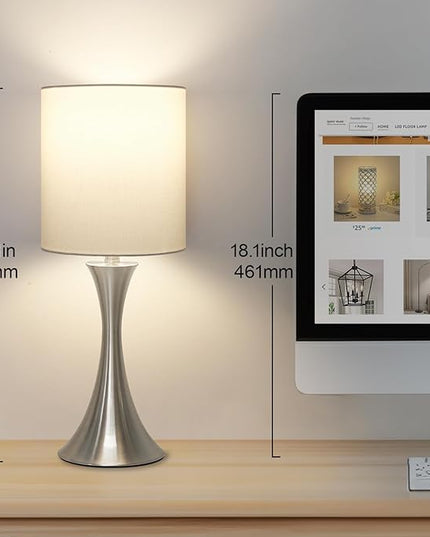 Touch Control Table Lamp, 3-Way Dimmable Bedside Lamp for Living Room, Modern Nightstand Lamp for Bedroom, Silver Table Lamp with White Shade, Desk Lamp for Dorm, Home, Office, 3000K LED Bulb Included - LeafyLoom