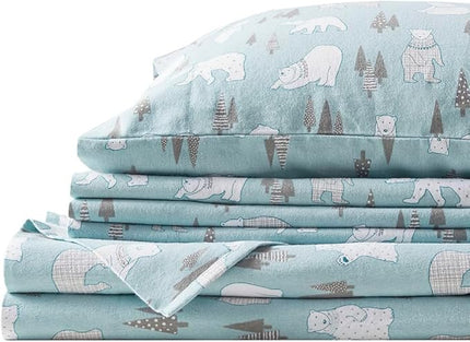 Comfort Spaces Novalty Cotton Flannel Breathable Warm Deep Pocket Sheets With Pillow Case Bedding, Full, Blue Polar Bears 4 Piece - LeafyLoom