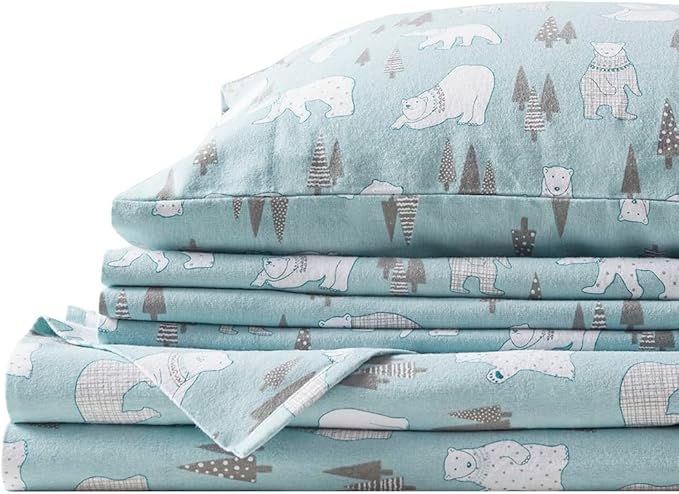 Comfort Spaces Novalty Cotton Flannel Breathable Warm Deep Pocket Sheets With Pillow Case Bedding, Full, Blue Polar Bears 4 Piece - LeafyLoom