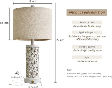 OYEARS 3-Way Dimmable 22'' Table Lamp Set of 2 for Living Room Bedroom Farmhouse Vintage Retro Bedside Lamps Touch Control with USB Ports Linen Shade for Home Office (Wash White, Bulb Included) - LeafyLoom