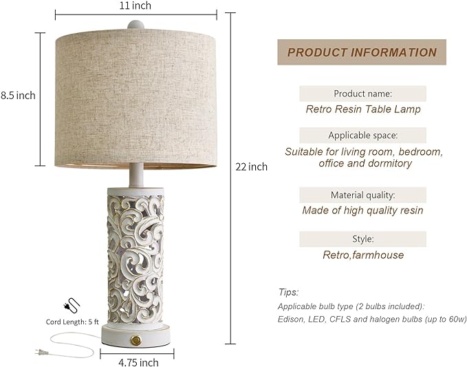 OYEARS 3-Way Dimmable 22'' Table Lamp Set of 2 for Living Room Bedroom Farmhouse Vintage Retro Bedside Lamps Touch Control with USB Ports Linen Shade for Home Office (Wash White, Bulb Included) - LeafyLoom