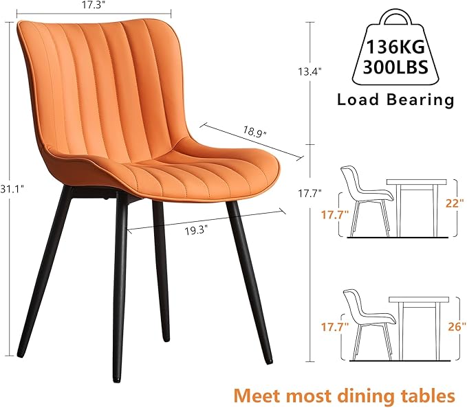 YOUNUOKE Dining Chairs Set of 2 Upholstered Mid Century Kitchen Chairs Armless Faux Leather Modern Side Chair with Padded Back Metal Legs for Living Room Bedrooms, Matte Orange - LeafyLoom