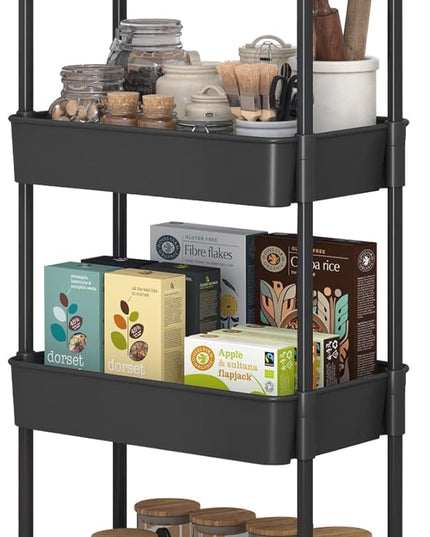 4-Tier Rolling Cart，Trolley with Drawer, Kitchen Storage Organizer with Plastic Shelf & Metal Wheels, Storage Cart for Living Room, Kitchen, Office, Bathroom, Black - LeafyLoom