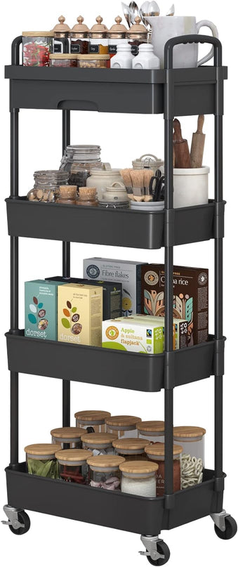 4-Tier Rolling Cart，Trolley with Drawer, Kitchen Storage Organizer with Plastic Shelf & Metal Wheels, Storage Cart for Living Room, Kitchen, Office, Bathroom, Black - LeafyLoom