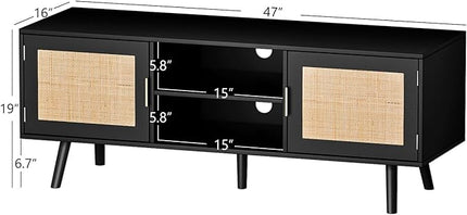 Anmytek Farmhouse Rattan TV Stand for 55 Inches TV Mid Century Modern Entertainment Center with Storage Cabinet Wood Small Media Console for Living Room Black H0056 - LeafyLoom