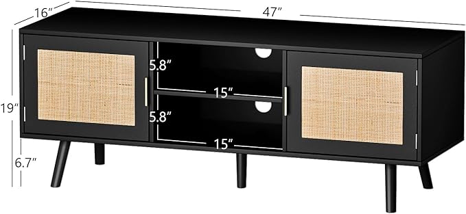 Anmytek Farmhouse Rattan TV Stand for 55 Inches TV Mid Century Modern Entertainment Center with Storage Cabinet Wood Small Media Console for Living Room Black H0056 - LeafyLoom