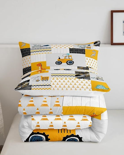 Construction Comforter Set Full Size Kids Cartoon Car Excavator Tractor Toddler Comforter Equipment Trucks Plaid Grid Yellow Comforter Set Construction Vehicles Duvet Set Quilt Set - LeafyLoom