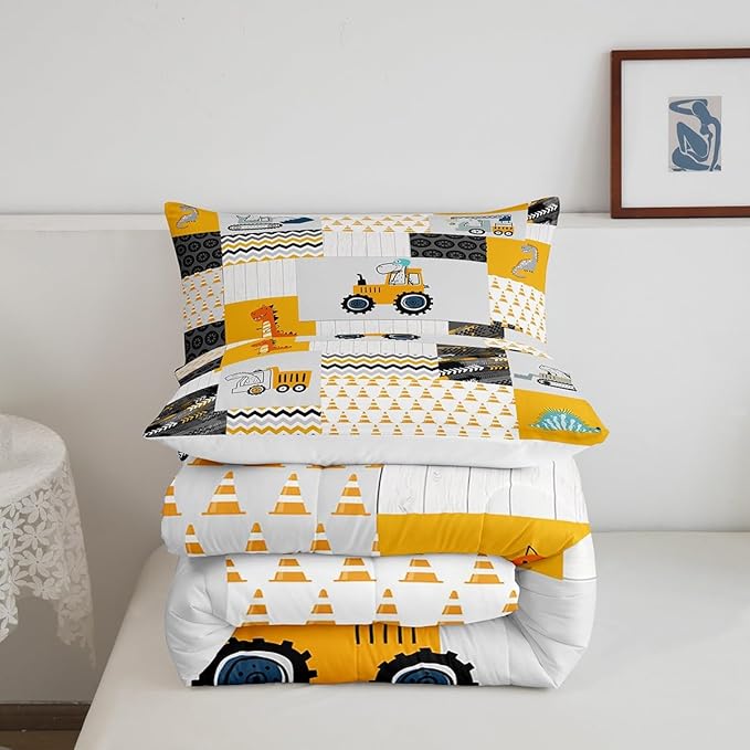 Construction Comforter Set Full Size Kids Cartoon Car Excavator Tractor Toddler Comforter Equipment Trucks Plaid Grid Yellow Comforter Set Construction Vehicles Duvet Set Quilt Set - LeafyLoom
