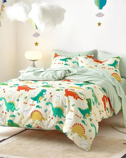 Wake In Cloud - Dinosaur Bedding Set for Boys, Cute Colorful Dinosaur Comforter Set with Sheets, 5 Pieces Kids Bed in a Bag, Cream Green, Twin Size - LeafyLoom