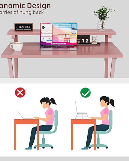 COTUBLR Small Desk, 27.5 Inch Small Computer Desk for Small Spaces, Computer Desk with Adjustable Monitor Stand, Compact Desk with Storage, Tiny Desk Study Desk for Bedroom Home Office, Pink - LeafyLoom