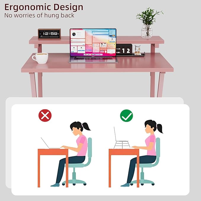 COTUBLR Small Desk, 27.5 Inch Small Computer Desk for Small Spaces, Computer Desk with Adjustable Monitor Stand, Compact Desk with Storage, Tiny Desk Study Desk for Bedroom Home Office, Pink - LeafyLoom