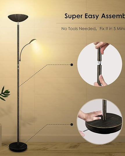 Floor Lamp, LED 20W/2000LM Bright Torchiere Floor Lamp with 5W Adjustable Reading Lamp, Stepless Dimmable Standing Lamp, 2 Rotary Switch, Modern Floor Lamps for Living Room, Bedroom, Office,Bronze - LeafyLoom