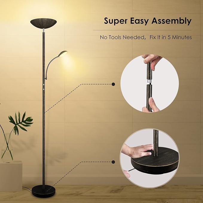 Floor Lamp, LED 20W/2000LM Bright Torchiere Floor Lamp with 5W Adjustable Reading Lamp, Stepless Dimmable Standing Lamp, 2 Rotary Switch, Modern Floor Lamps for Living Room, Bedroom, Office,Bronze - LeafyLoom
