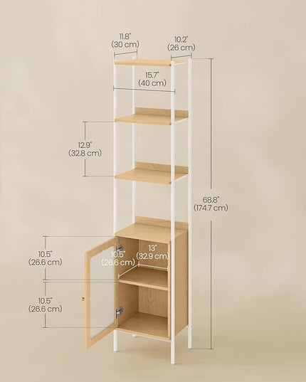 VASAGLE 6-Tier Bookcase, Slim Bookshelf with PC Door, Freestanding Storage Shelf with Metal Frame, Adjustable Shelf, for Living Room, Oak Beige and Pearl White ULLS123W57 - LeafyLoom