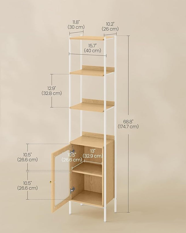 VASAGLE 6-Tier Bookcase, Slim Bookshelf with PC Door, Freestanding Storage Shelf with Metal Frame, Adjustable Shelf, for Living Room, Oak Beige and Pearl White ULLS123W57 - LeafyLoom