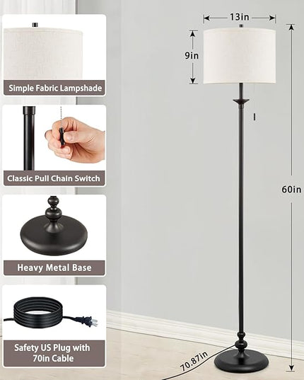 Luvkczc Modern Floor Lamp, 60" Standing Lamp for Living Room with Fabric Lamp Shade&Pull Chain, Corner Tall Reading Light for Bedroom, Office, Dining Room, Farmhouse (bulb included) Black - LeafyLoom