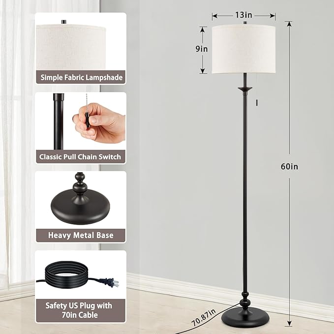 Luvkczc Modern Floor Lamp, 60" Standing Lamp for Living Room with Fabric Lamp Shade&Pull Chain, Corner Tall Reading Light for Bedroom, Office, Dining Room, Farmhouse (bulb included) Black - LeafyLoom