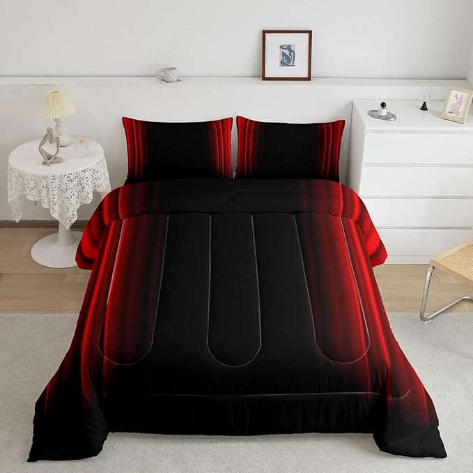 Feelyou Abstract Ombre Comforter Set Kids Teens Red and Black Bedding Set Room Decor 3Pcs Queen Size - LeafyLoom