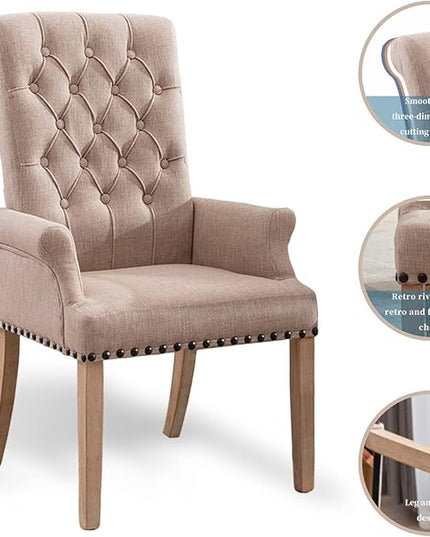 Dining Room Chairs with Arms,Tufted Upholstered High Back Nailed Trim with Untique Oak Wood Legs for Kitchen Restaurant Room Bedroom Ivory Brown - LeafyLoom