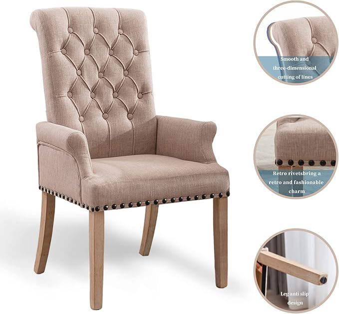 Dining Room Chairs with Arms,Tufted Upholstered High Back Nailed Trim with Untique Oak Wood Legs for Kitchen Restaurant Room Bedroom Ivory Brown - LeafyLoom
