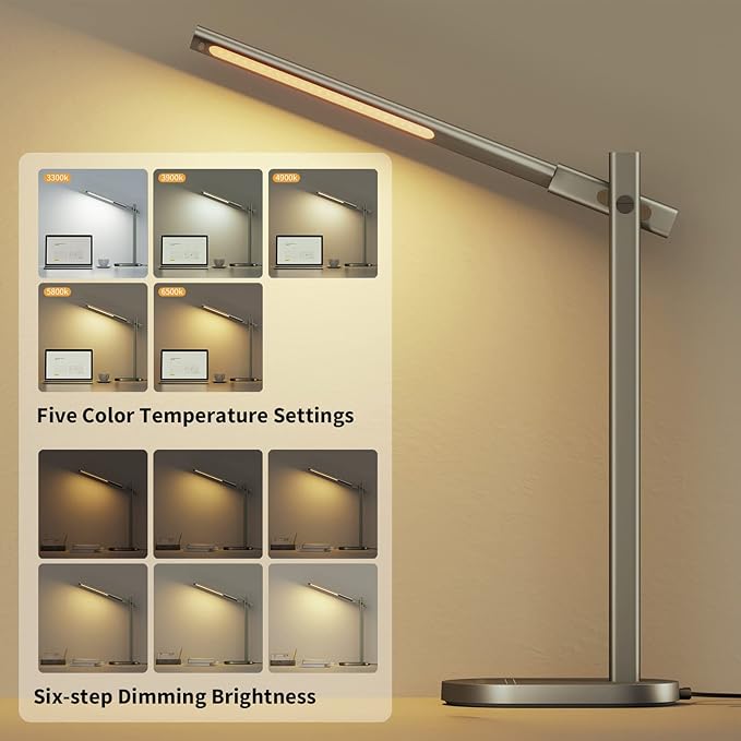 ProtoArc Modern Desk Lamp, Metal Aluminum Alloy Dimmable LED Desk Light with USB Charging Port, Eye-Caring Table Light, Touch Control, 5 Color Modes, 6 Brightness Levels, Timer for Home Office Bedroom - LeafyLoom