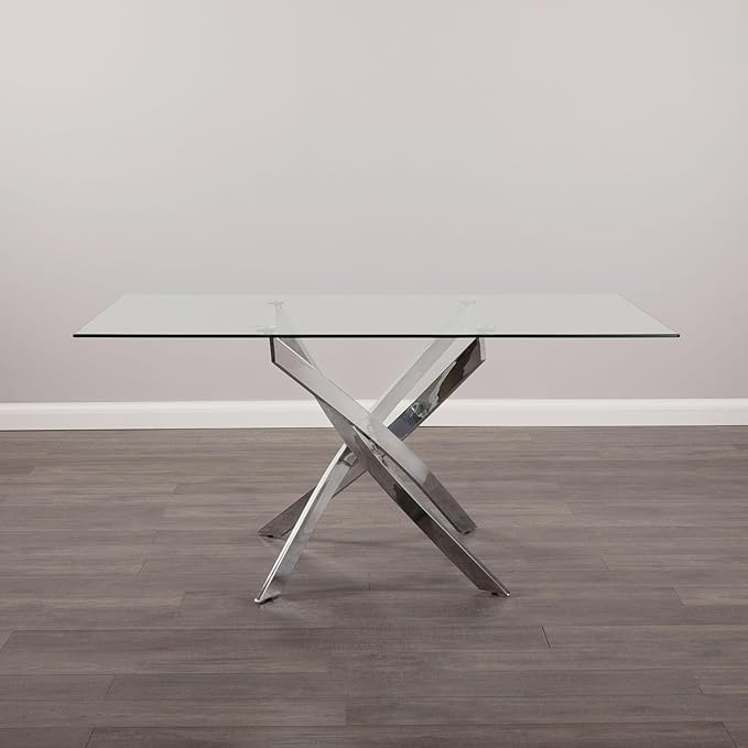 Uptown Club Glass Dining Table with Versatile Rectangular Designs, Tempered Surfaces, and Sturdy Bases for Modern Homes, Seats 4 to 8 People, Elegant Statement Piece, 63" x 36" Silver - LeafyLoom
