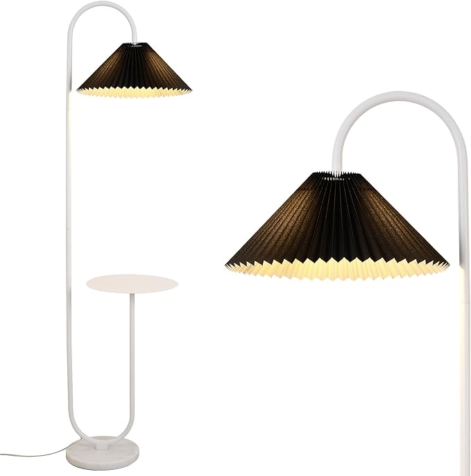 Modern Elegant with Tray Floor Lamp for Office Cafe Den Living Room Bedroom, Foot Switch and White Paint, Black Pleated Cloth Lampshade - LeafyLoom
