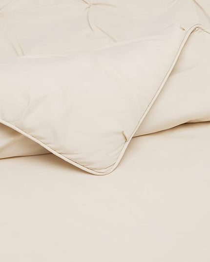 Amazon Basics All-Season Down-Alternative Comforter 3-Piece Bedding Set, Pinch Pleat, Full/Queen, Pinch-Pleat With Piped Edges, Beige - LeafyLoom