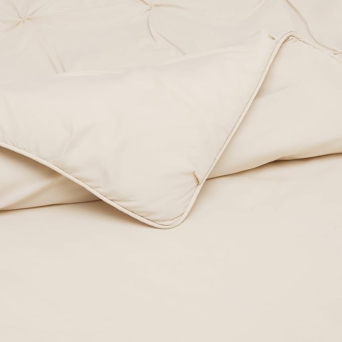 Amazon Basics All-Season Down-Alternative Comforter 3-Piece Bedding Set, Pinch Pleat, Full/Queen, Pinch-Pleat With Piped Edges, Beige - LeafyLoom