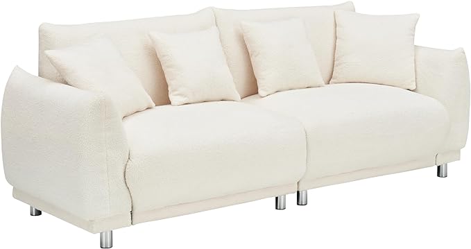 Modular Teddy Fleece Cloud 3 Seater Sofa Deep Seat Upholstered W/Metal Legs, Comfy Leisure Couch Beautiful Shape Bread Sofa&Couch with 4 Pillows for Living Room, 86.6", Beige-1658 - LeafyLoom