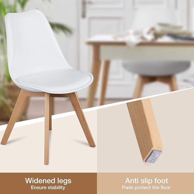 OLIXIS Dining Chairs Set of 4 Mid-Century Modern Dinning Chairs, Living Room Bedroom Outdoor Lounge Chair PU Leather Cushion and Wood Legs, White - LeafyLoom