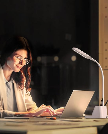 AXX White Desk Lamp, Gooseneck LED Desk Lamp for Kids - Desk Lights for Home Office - USB Charging Port, 650LM, Modern, Pen Holder - Reading Lamp for Bedroom Study Lamp for College Dorm Room - LeafyLoom