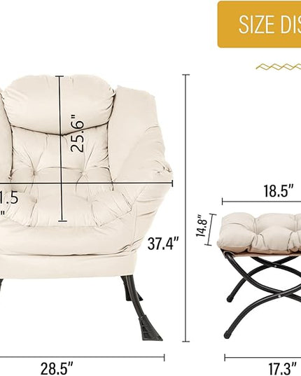 Welnow Lazy Chair with Ottoman, Modern Lounge Accent Armrests and a Side Pocket, Leisure Upholstered Sofa Set, Reading Footrest for Small Space, Corner Chair, Beige - LeafyLoom