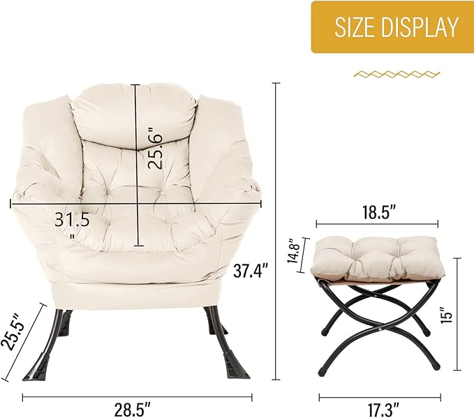 Welnow Lazy Chair with Ottoman, Modern Lounge Accent Armrests and a Side Pocket, Leisure Upholstered Sofa Set, Reading Footrest for Small Space, Corner Chair, Beige - LeafyLoom