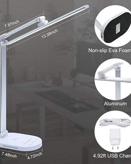 Lightess LED Desk Lamp with Wireless Charger, USB Charging Port, 5 Color Modes, 5 Brightness Level, Dimmable Desk Lamp, Office Table Lamp for Study Reading, Touch Control, Auto Timer - LeafyLoom