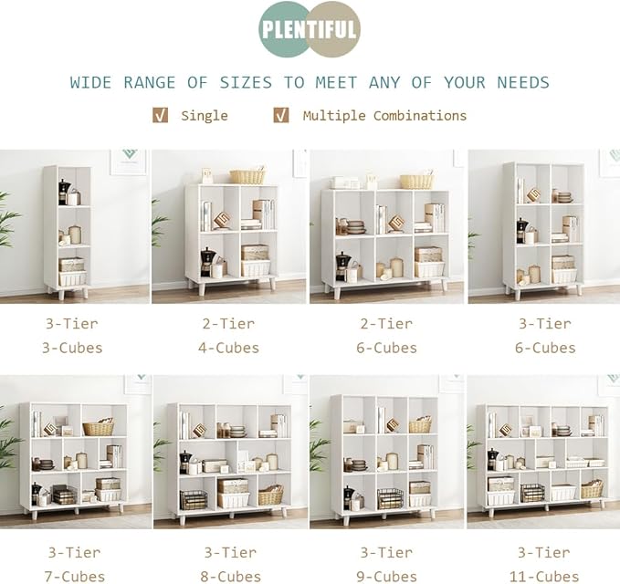 IOTXY Open Cube Low Bookcase - 3-Tier Freestanding Storage Display Cabinet Organizer with Legs for Home Office, 9-Cubes Open Shelf Short Bookshelf, White - LeafyLoom