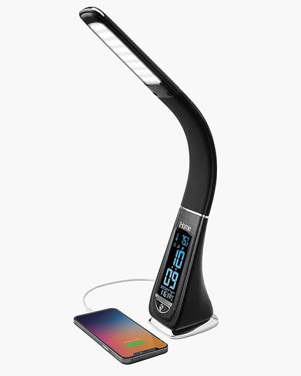 iHome Desk Lamp for Bedroom, Reading Light with Alarm Clock and USB Charging – Black (IL100B) - LeafyLoom
