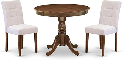East West Furniture ANAS3-AWA-08 3 Piece Kitchen Set Contain A Modern Table and 2 Mist Beige Linen Fabric Upholstered Dining Chairs, Antique Walnut, 36x36 Inch - LeafyLoom