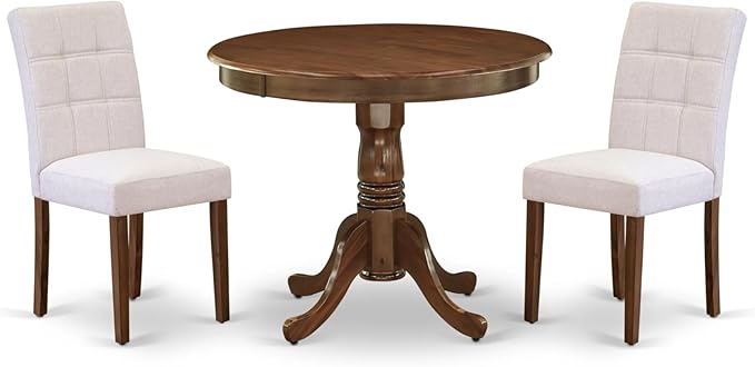 East West Furniture ANAS3-AWA-08 3 Piece Kitchen Set Contain A Modern Table and 2 Mist Beige Linen Fabric Upholstered Dining Chairs, Antique Walnut, 36x36 Inch - LeafyLoom