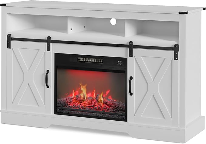 Farmhouse Fireplace TV Stand for 65+ Inch TV, Entertainment Center with 23" Electric Fireplace with Remote, Modern Rustic TV Console with Sliding Bar Door for Living Room, White - LeafyLoom