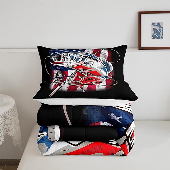 American Flag Comforter Set Farmhouse Fishing Bedding Set for Kids Boys Girls Teens Room Wild Fish Decor Comforter Red Blue Stripe Quilted Set 3Pcs Full Size - LeafyLoom