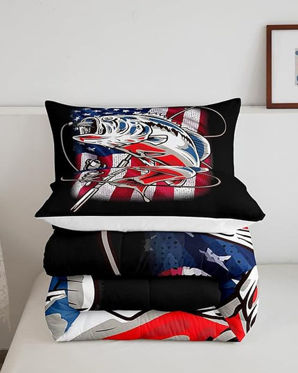 American Flag Comforter Set Farmhouse Fishing Bedding Set for Kids Boys Girls Teens Room Wild Fish Decor Comforter Red Blue Stripe Quilted Set 2Pcs Twin Size - LeafyLoom