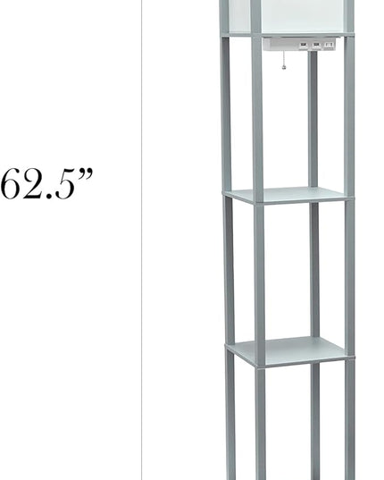 Simple Designs LF1037-GRY Organizer Storage Shelf with 2 Ports, 1 Charging Outlet and Linen Shade USB Etagere Floor Lamp, Gray - LeafyLoom