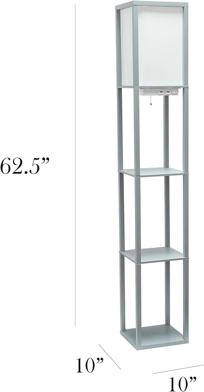 Simple Designs LF1037-GRY-LB Three Shelf Etagere Organizer Storage Floor Lamp with 2 Dual USB Ports and Charging Outlet, Gray, with Feit LED Bulb Included - LeafyLoom