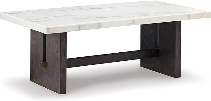 Signature Design by Ashley Burkhaus Traditional Rectangular Coffee Table with Marble Tabletop, Dark Brown & White - LeafyLoom