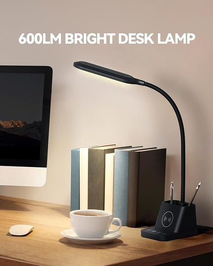 AXX LED Desk Lamp for Home Office, Small Desk Light with Wireless Charger, Black, Bright, Pen Holder, Mini, Kids Study Lamps for College Dorm Room, Task Lamp for Puzzles/Crafts/Bedrooms Reading - LeafyLoom