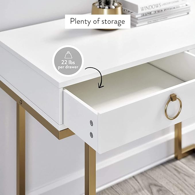 Nathan James Leighton Two-Drawer Writing Glam Accents Brass, Home Office Computer Desk or Vanity Table, 2, White/Gold, Small - LeafyLoom