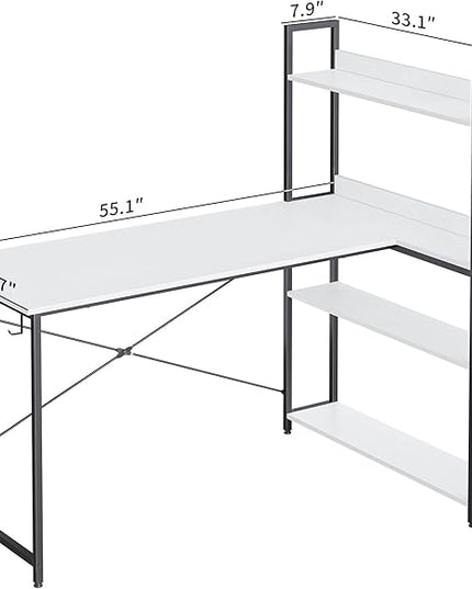 BANTI Computer Corner Desk with Storage Shelves, 55 Inch Small L Shaped Computer Desk, Home Office Writing Desk with 2 Hooks, White - LeafyLoom