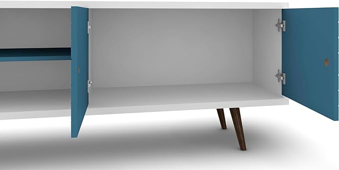 Manhattan Comfort Liberty Mid Century Modern TV Stand for Televisions up to 60 Inches, Bedroom and Living Room Entertainment Center with Storage, Shelves, and Cabinet, 63" Wide, White and Aqua Blue - LeafyLoom