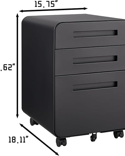 3 Drawer Mobile Desk Office with Lock and Wheels,Versatile Storage Cabinets w/Anti-Tilting Cold Rolled Steel Waterproof Moisture-Proof,for Legal/Letter/A4 Files,Black - LeafyLoom